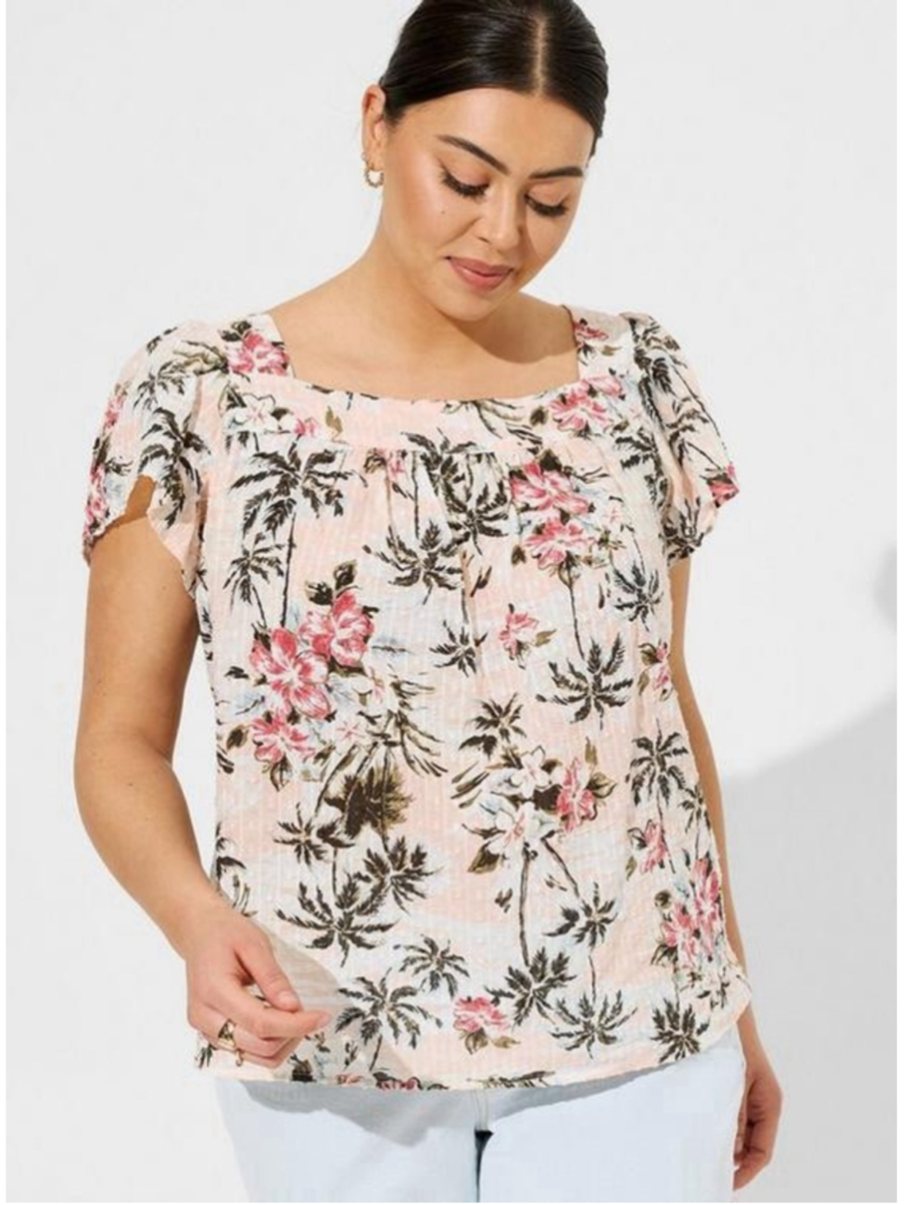 Torrid Pink Hibiscus Top Womens 0X 12/14 Jacquard Sq Neck Flutter Sleeve Vacay